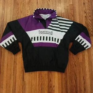 Vintage 90s Mens Windbreaker Hummel Size Large Purple Black Striped